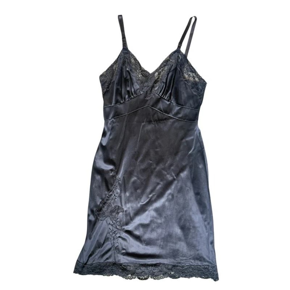 Bel Canto Vintage 1950s Slip Dress Floral Lace Embroidered 34 Short Black